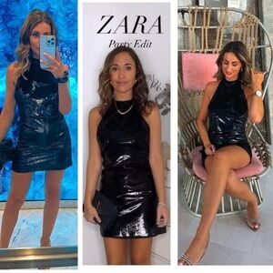 ZARA BLACK SHINY VELVET HALTER MINI DRESS OPEN BACK SPECIAL EDITION Sz M NWOT